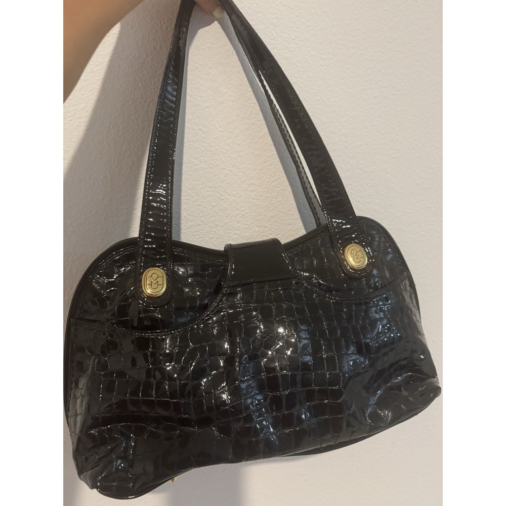 Marino Orlandi Black Patent Croc Embossed Leather Satchel Handbag Made in Italy - Picture 9 of 16